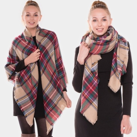 Accessories - Camel Plaid Blanket Scarf